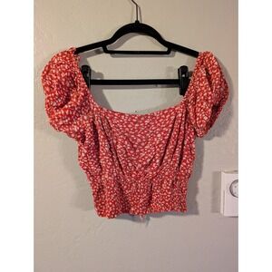 Cottagecore Red Ditsy Floral Smocked Crop‎ Top Puff Sleeve Milkmaid Style sz XS